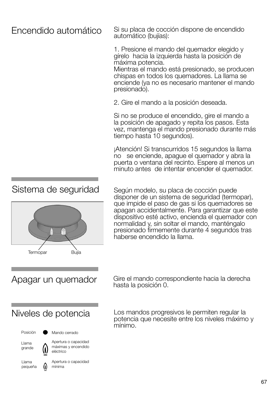 Niveles de potencia, Apagar un quemador, Encendido automático | Sistema de seguridad | Neff N24K30N0 User Manual | Page 68 / 91