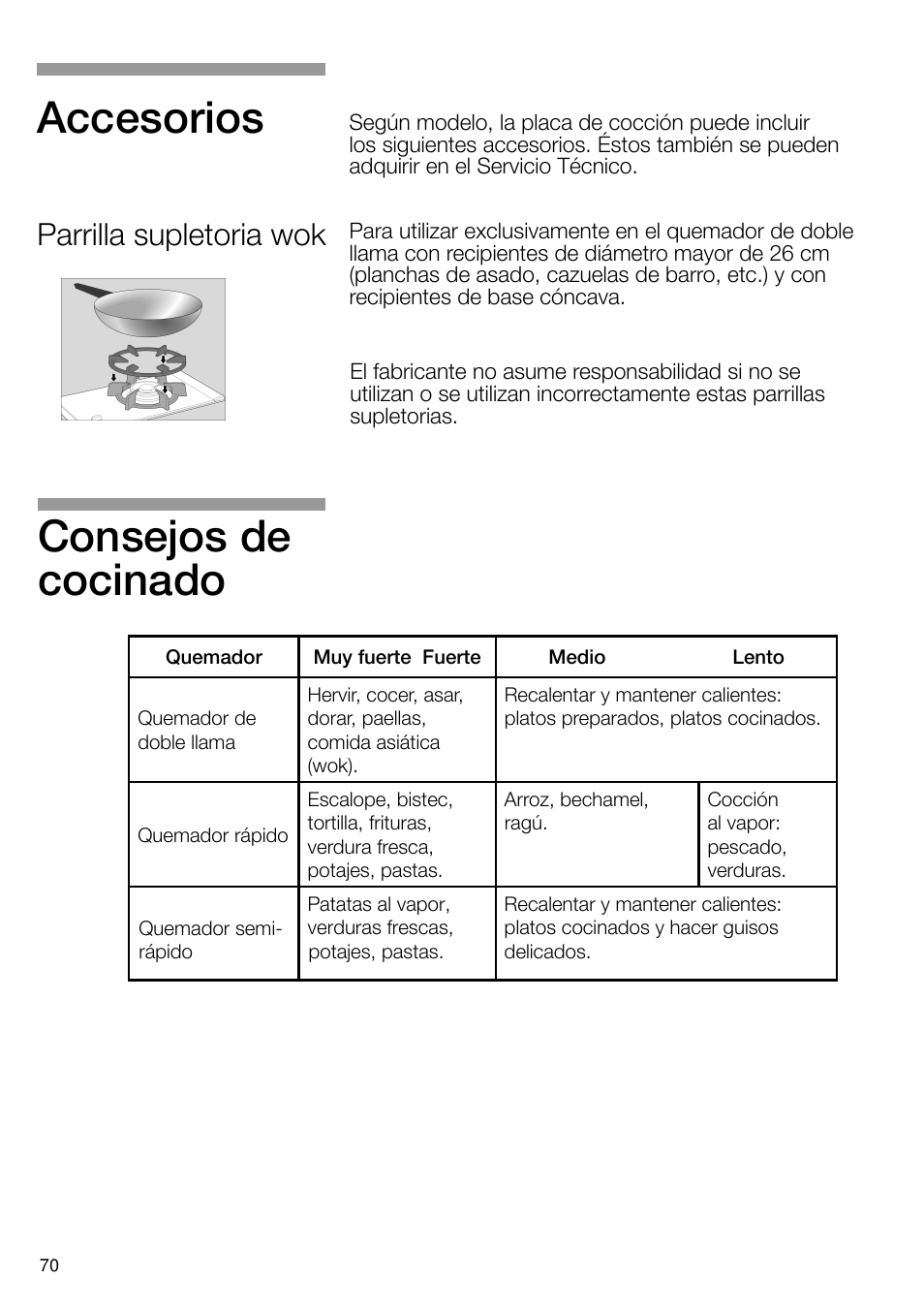 Consejos de cocinado, Accesorios, Parrilla supletoria wok | Neff N24K30N0 User Manual | Page 71 / 91