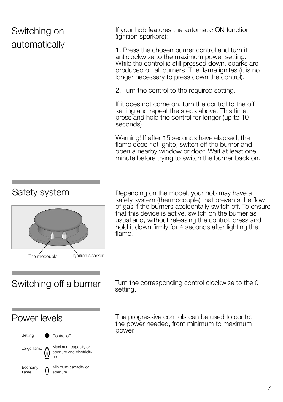 Power levels, Switching off a burner, Switching on automatically | Safety system | Neff N24K30N0 User Manual | Page 8 / 91