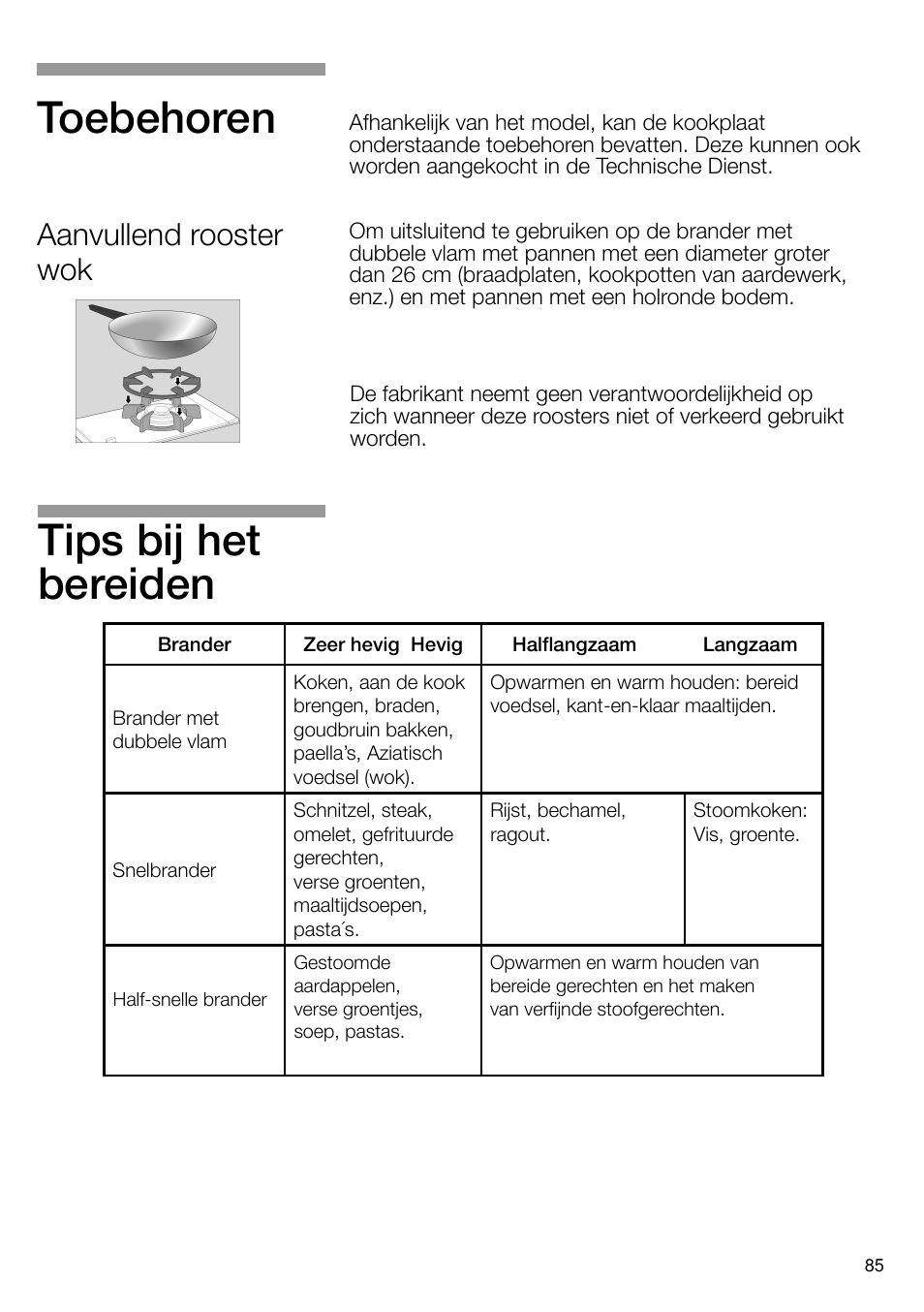 Tips bij het bereiden, Toebehoren, Aanvullend rooster wok | Neff N24K30N0 User Manual | Page 86 / 91