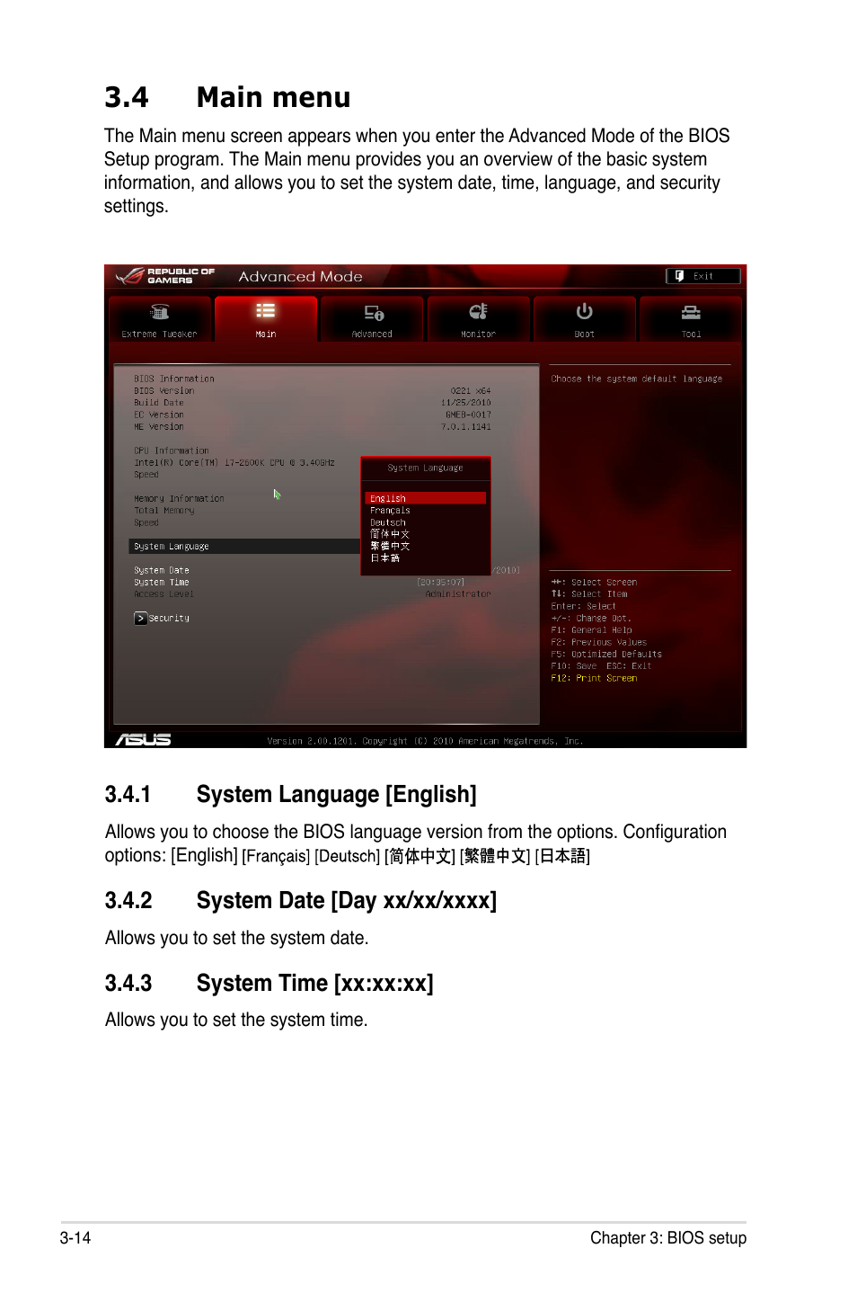 4 main menu, 1 system language [english, 2 system date [day xx/xx/xxxx | 3 system time [xx:xx:xx, Main menu -14 3.4.1, System language [english] -14, System date [day xx/xx/xxxx] -14, System time [xx:xx:xx] -14 | Asus Maximus IV Extreme User Manual | Page 106 / 186