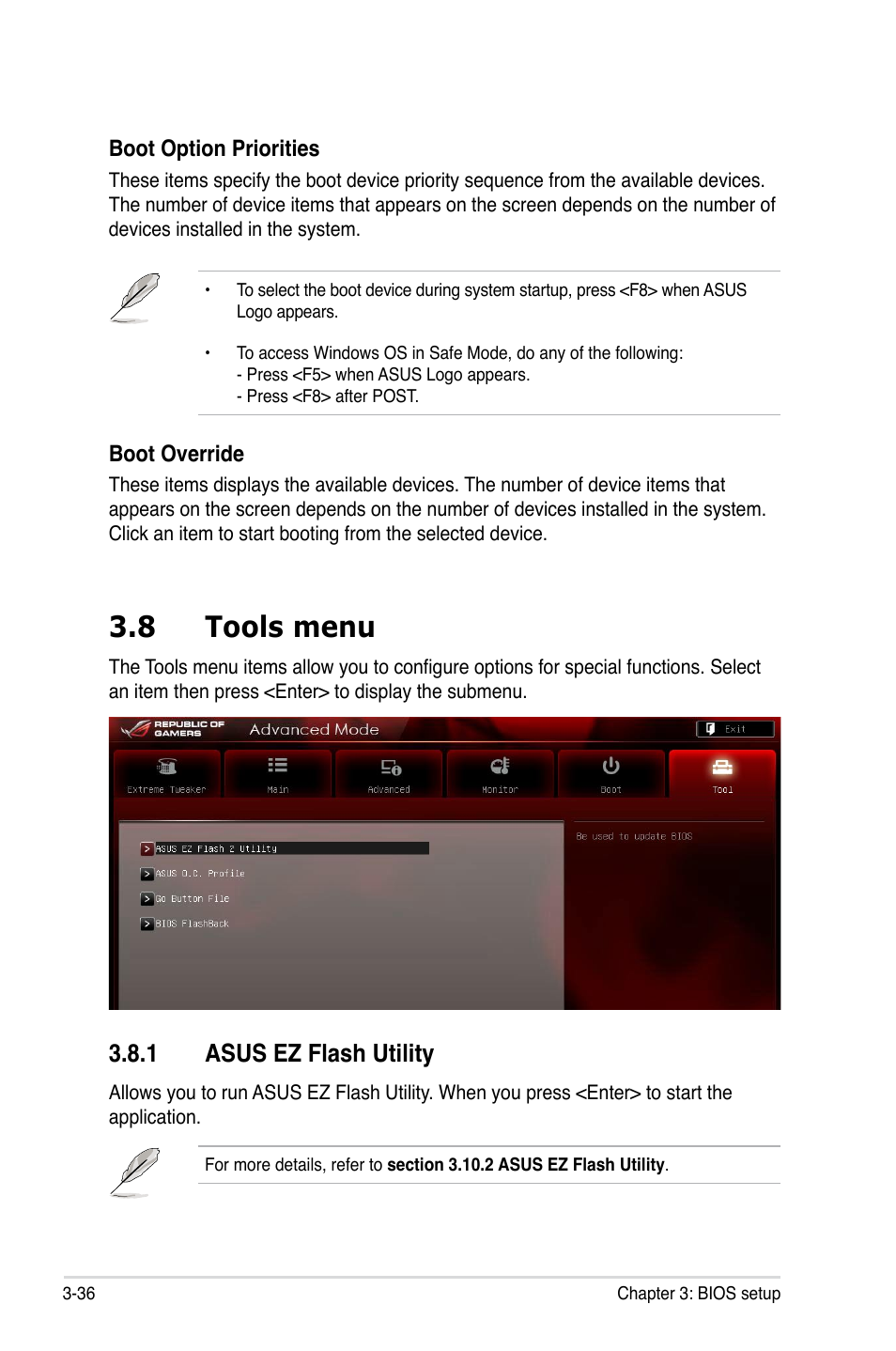 8 tools menu, 1 asus ez flash utility, Tools menu -36 3.8.1 | Asus ez flash utility -36 | Asus Maximus IV Extreme User Manual | Page 128 / 186