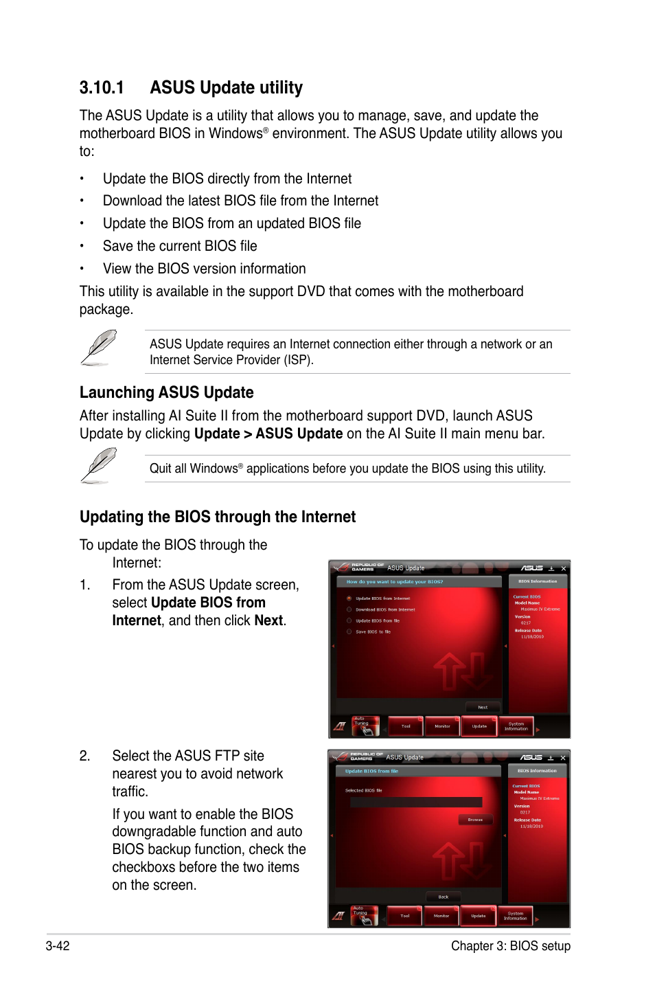 1 asus update utility, 1 asus update utility -42, Launching asus update | Updating the bios through the internet | Asus Maximus IV Extreme User Manual | Page 134 / 186