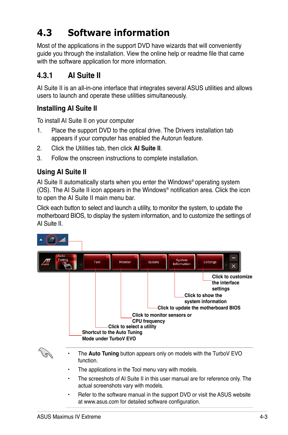 3 software information, 1 ai suite ii, Software information -3 4.3.1 | Ai suite ii -3, Installing ai suite ii, Using ai suite ii | Asus Maximus IV Extreme User Manual | Page 147 / 186