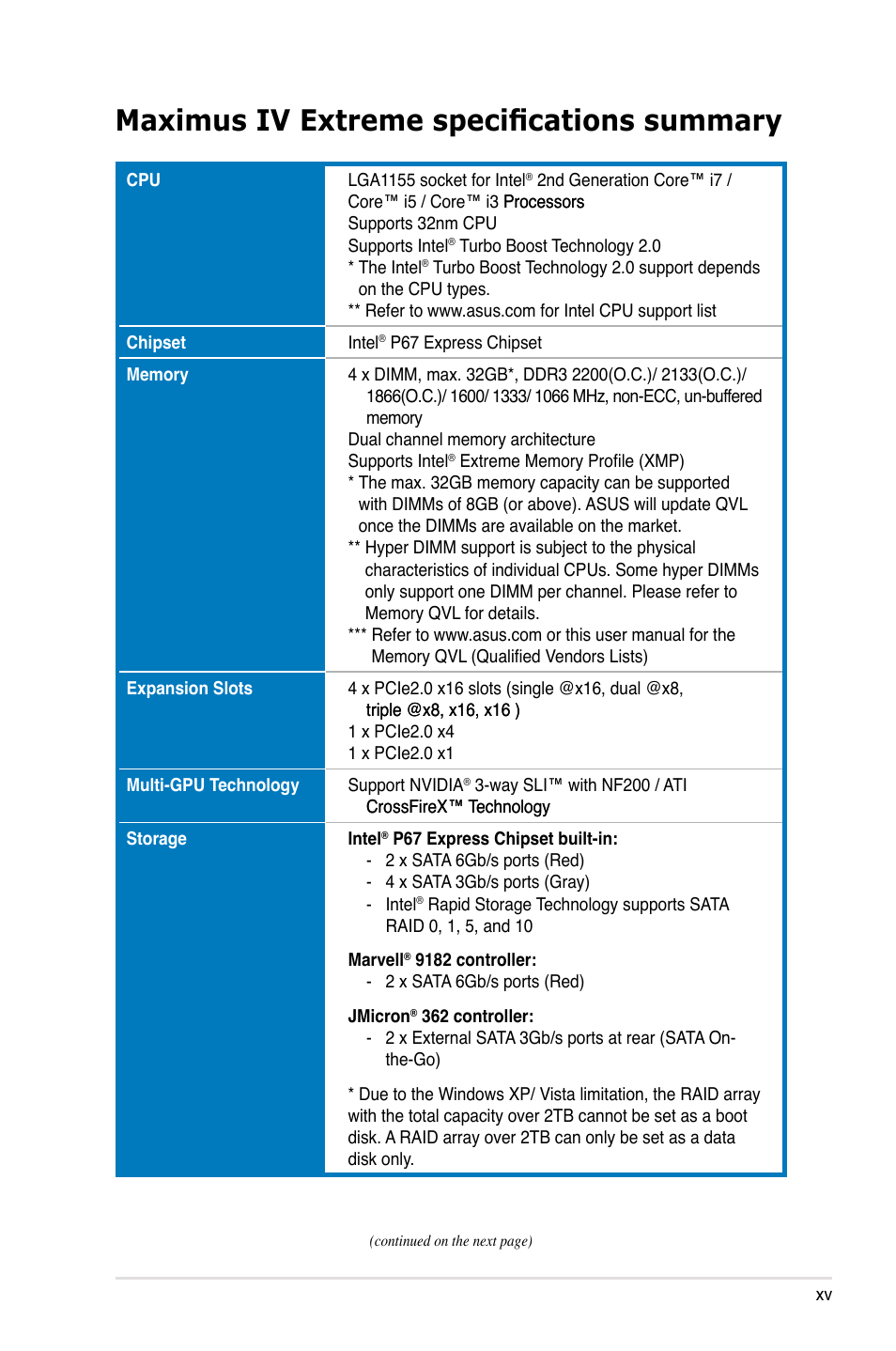 Maximus iv extreme specifications summary | Asus Maximus IV Extreme User Manual | Page 15 / 186