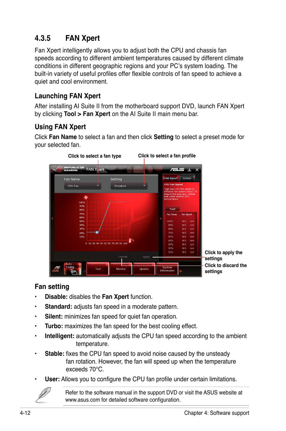 5 fan xpert, Fan xpert -12, Launching fan xpert | Fan setting, Using fan xpert | Asus Maximus IV Extreme User Manual | Page 156 / 186