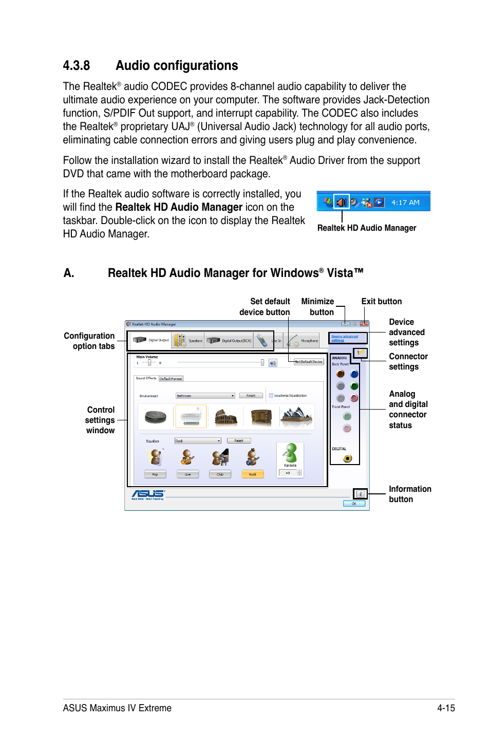 8 audio configurations, Audio configurations -15, �.� audio configurations | A. realtek hd audio manager for windows, Vista | Asus Maximus IV Extreme User Manual | Page 159 / 186