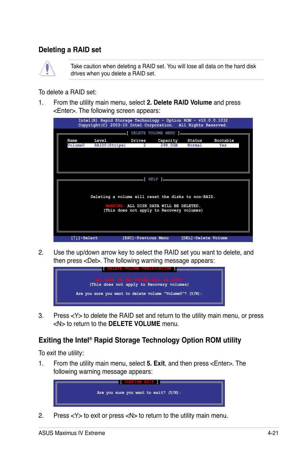 Deleting a raid set, Exiting the intel, Rapid storage technology option rom utility | Asus Maximus IV Extreme User Manual | Page 165 / 186