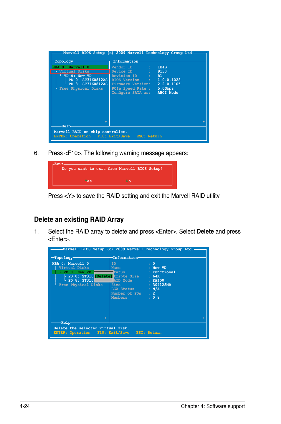 Delete an existing raid array, 24 chapter 4: software support | Asus Maximus IV Extreme User Manual | Page 168 / 186