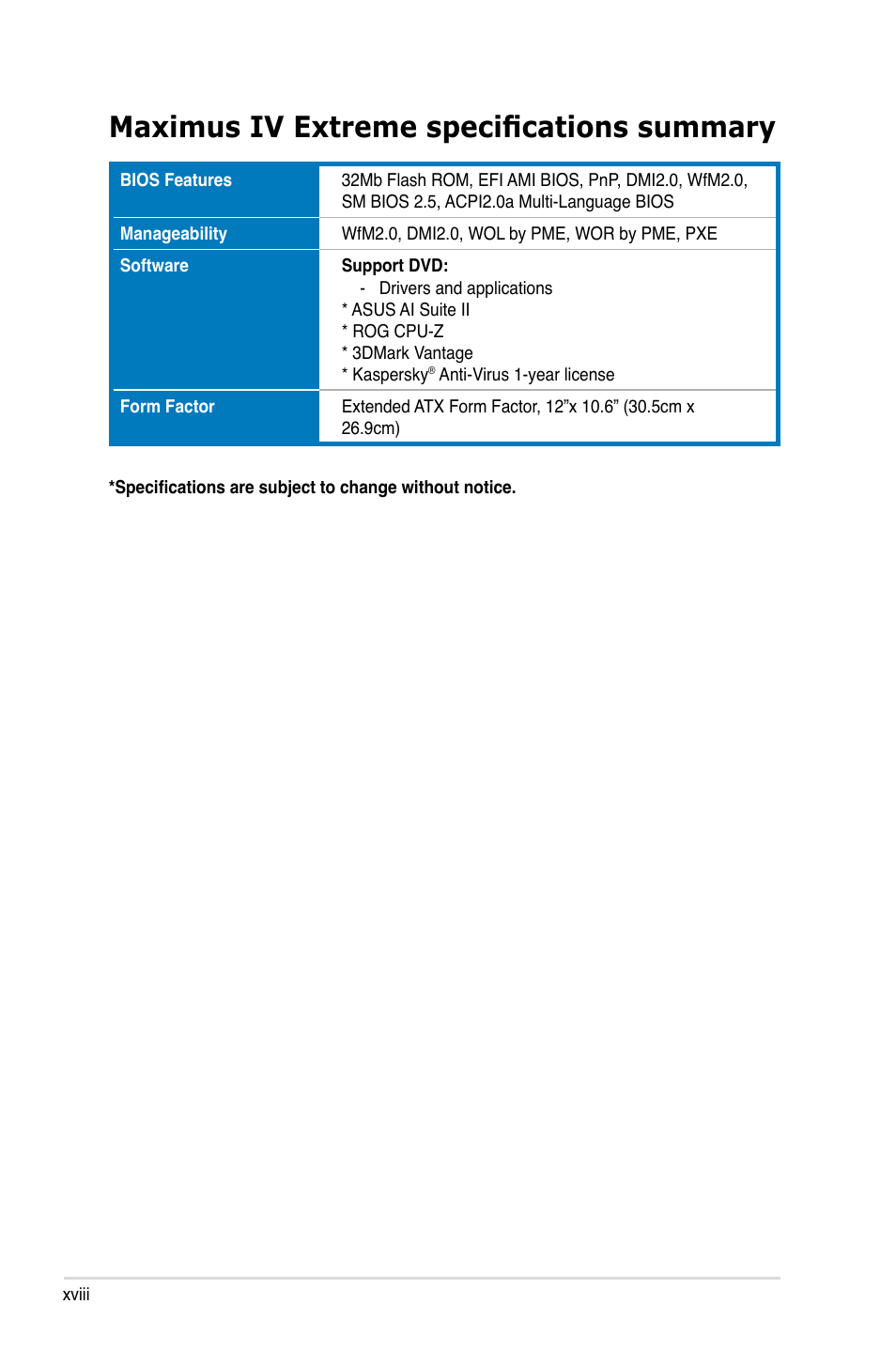 Maximus iv extreme specifications summary | Asus Maximus IV Extreme User Manual | Page 18 / 186