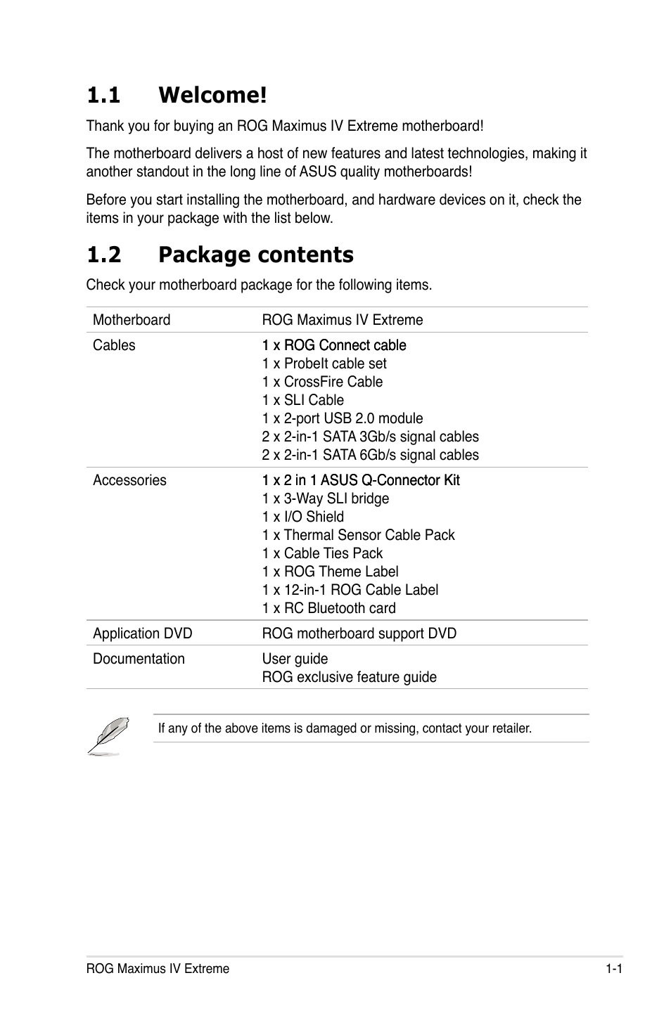 1 welcome, 2 package contents, Welcome! -1 | Package contents -1 | Asus Maximus IV Extreme User Manual | Page 21 / 186