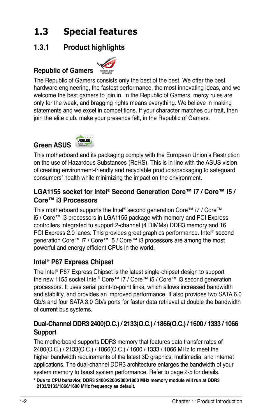 3 special features, 1 product highlights, Special features -2 1.3.1 | Product highlights -2 | Asus Maximus IV Extreme User Manual | Page 22 / 186