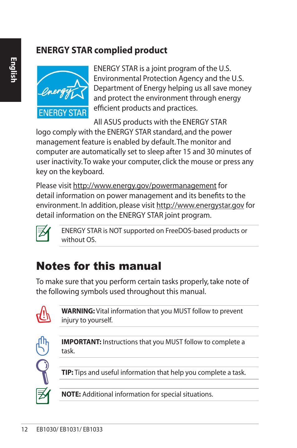 Energy star complied product, Notes for this manual | Asus EB1033 User Manual | Page 12 / 34