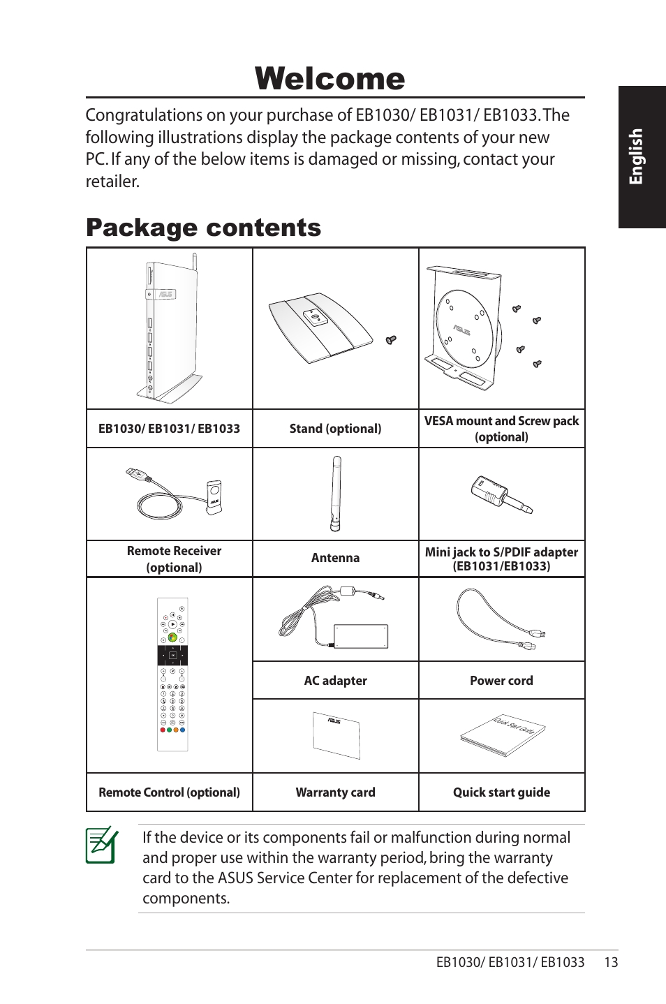 Welcome, Package contents, English | Asus EB1033 User Manual | Page 13 / 34