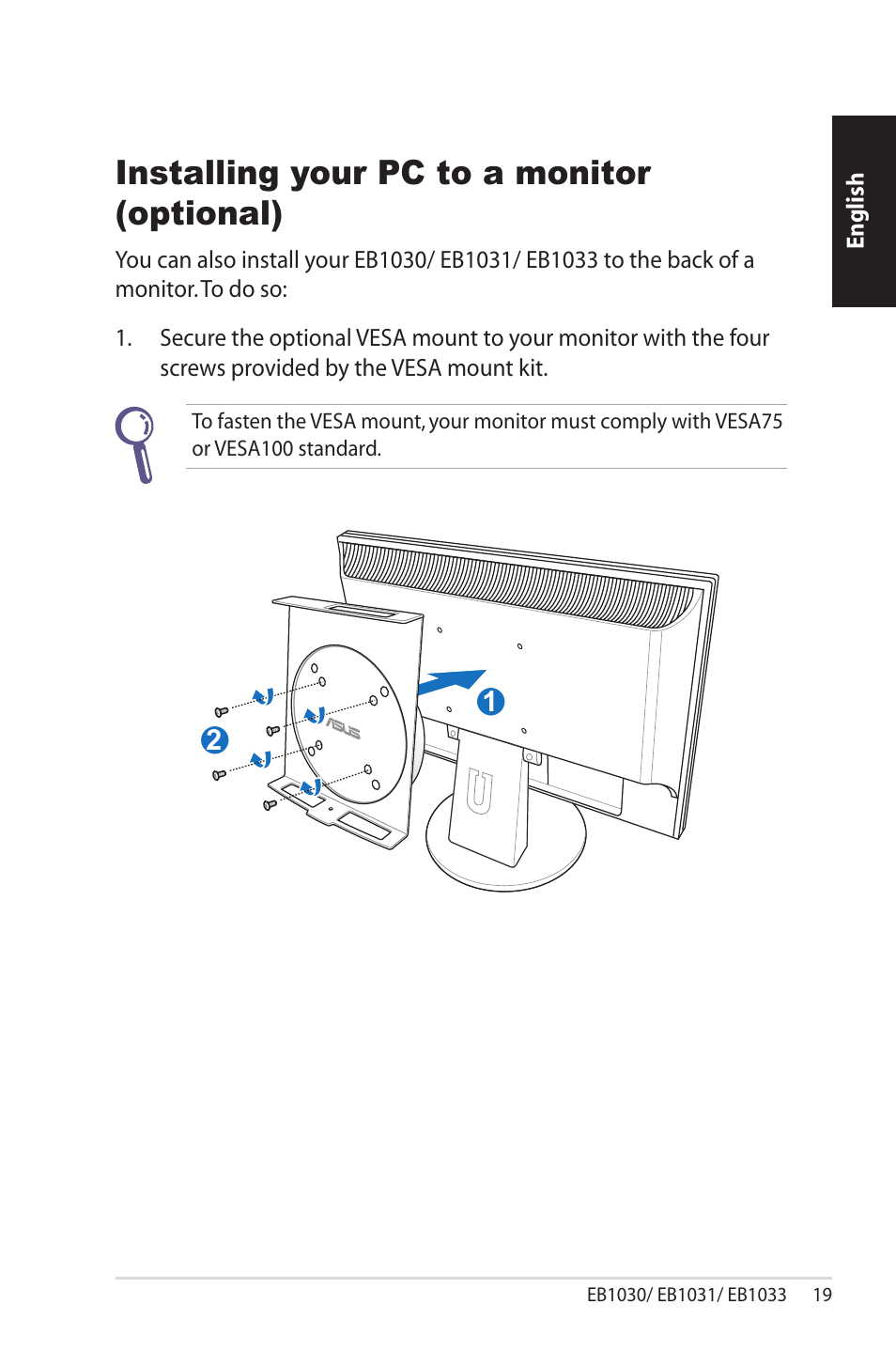 Installing your pc to a monitor (optional) | Asus EB1033 User Manual | Page 19 / 34