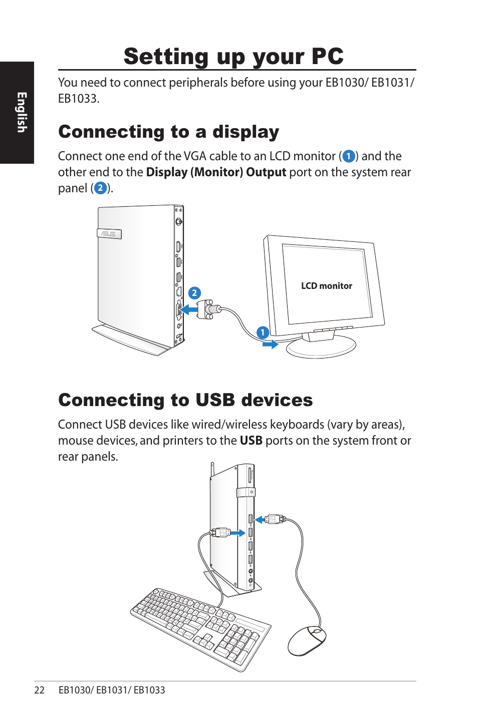 Setting up your pc, Connecting to a display, Connecting to usb devices | Connecting to a display connecting to usb devices | Asus EB1033 User Manual | Page 22 / 34