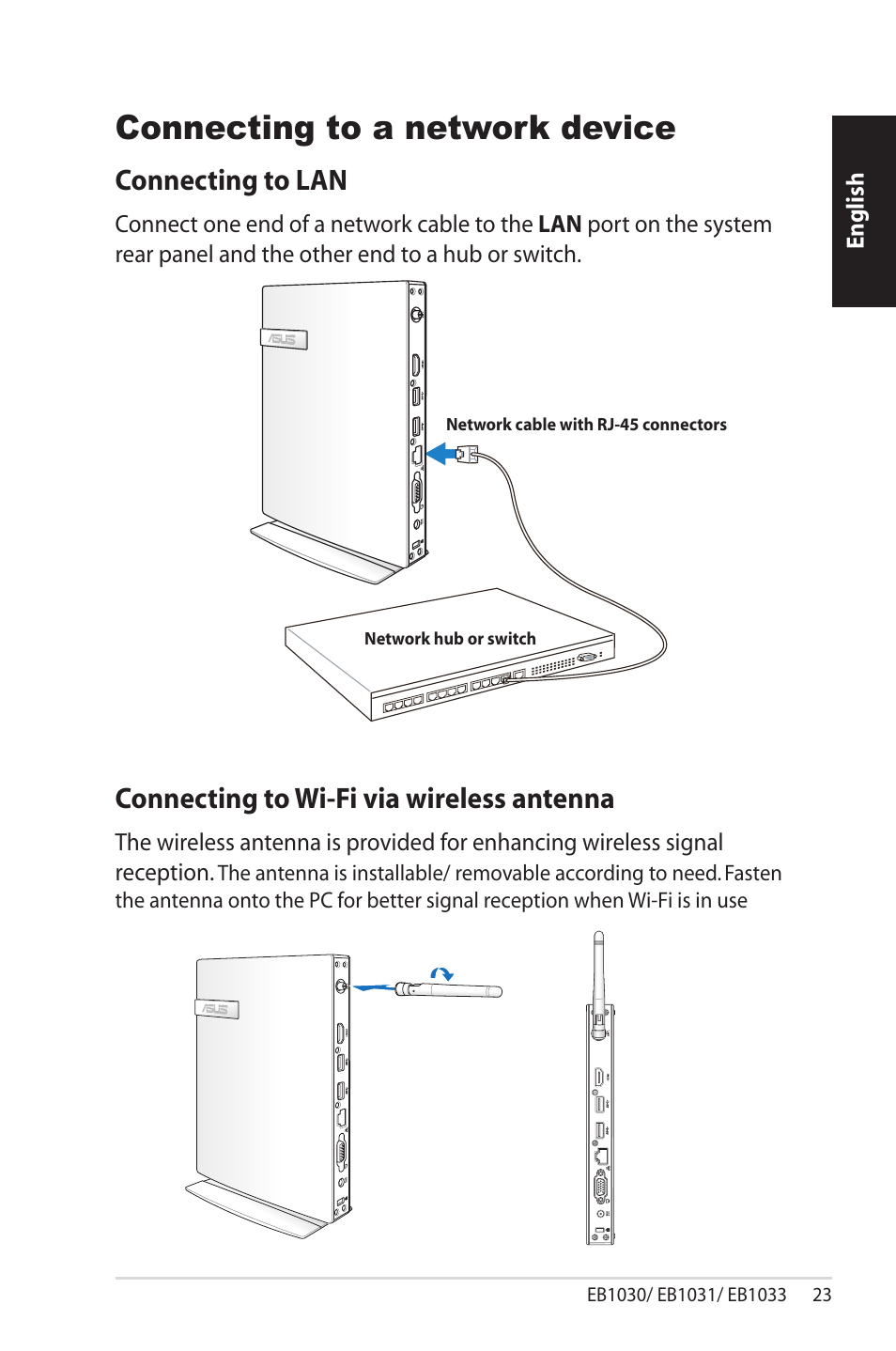 Connecting to a network device, Connecting to lan, Connecting to wi-fi via wireless antenna | Asus EB1033 User Manual | Page 23 / 34