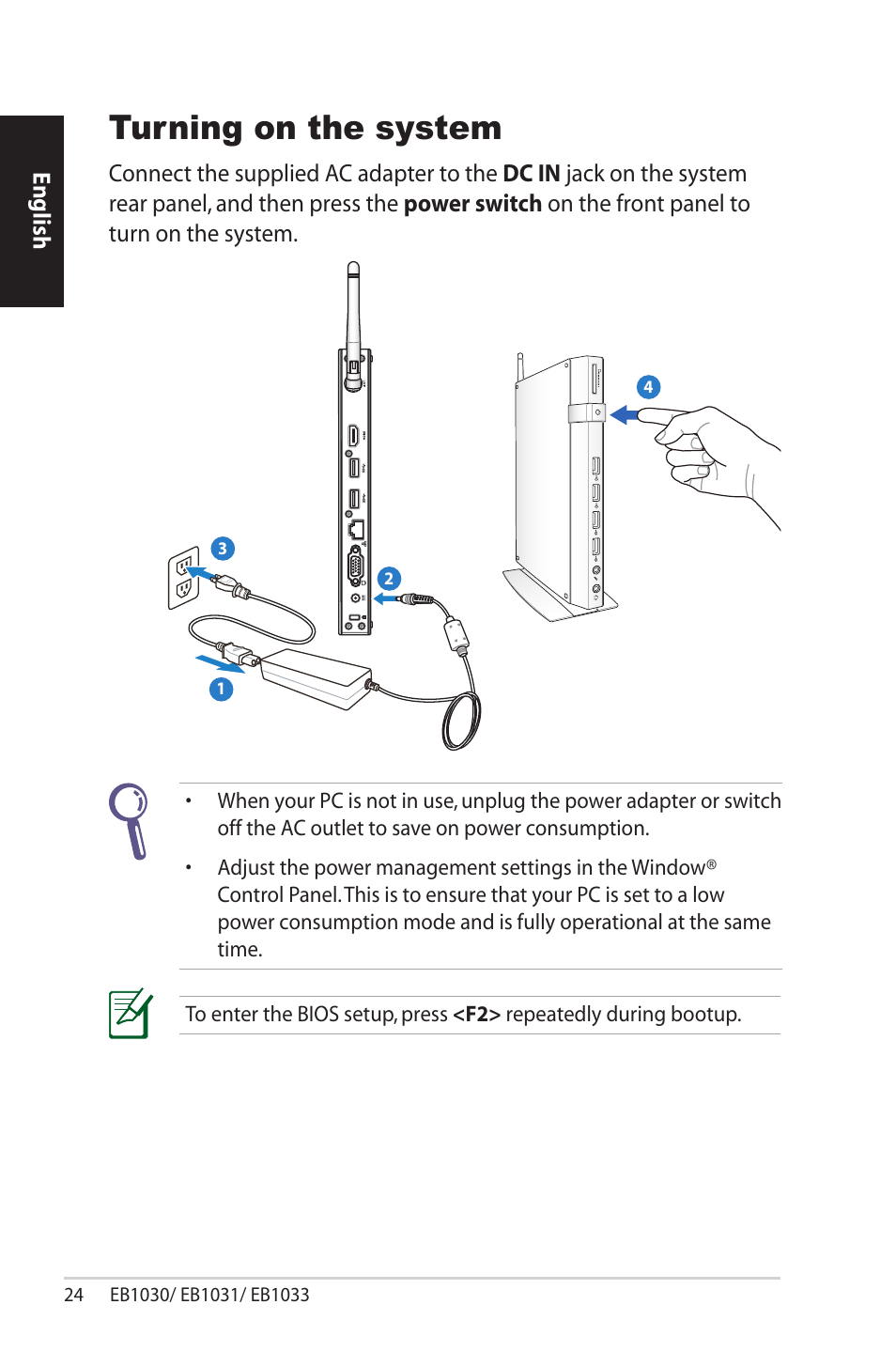 Turning on the system, English | Asus EB1033 User Manual | Page 24 / 34