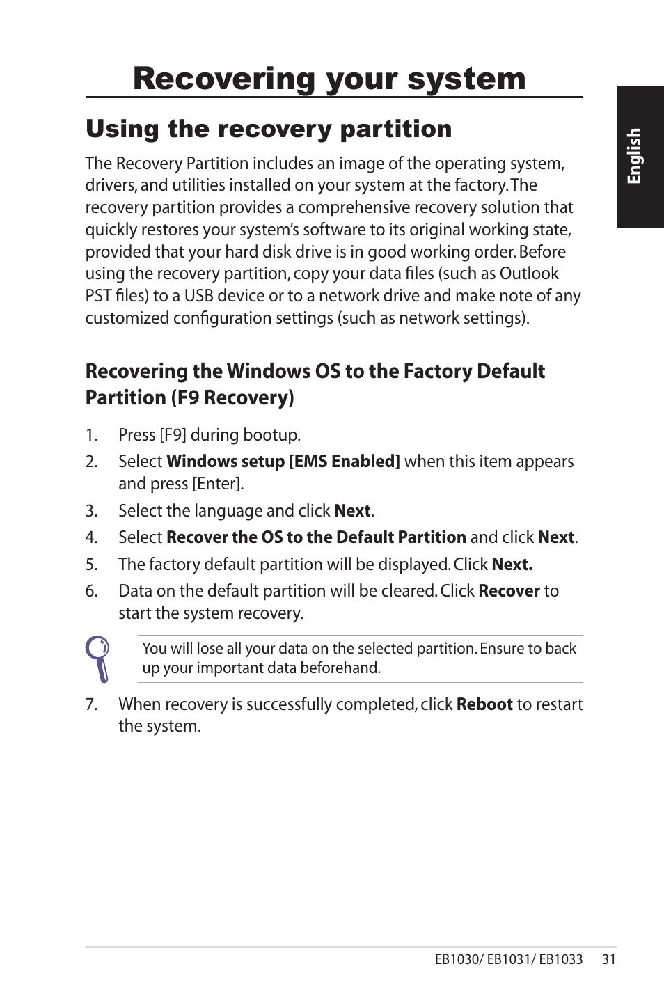 Recovering your system, Using the recovery partition | Asus EB1033 User Manual | Page 31 / 34