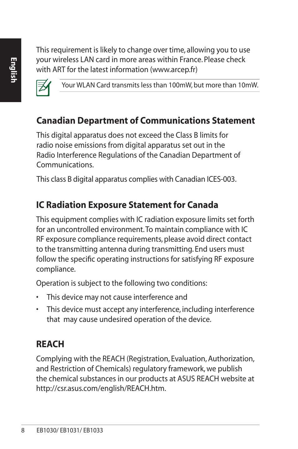 Canadian department of communications statement, Ic radiation exposure statement for canada, Reach | Asus EB1033 User Manual | Page 8 / 34