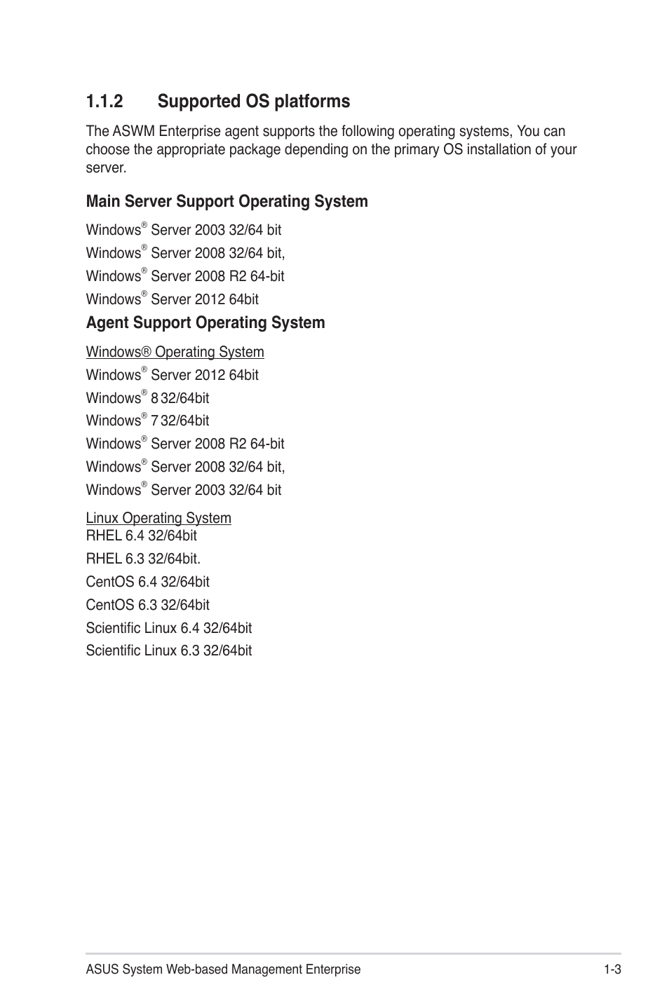 2 supported os platforms, Supported os platforms -3, Main server support operating system | Agent support operating system | Asus TC715 User Manual | Page 10 / 106