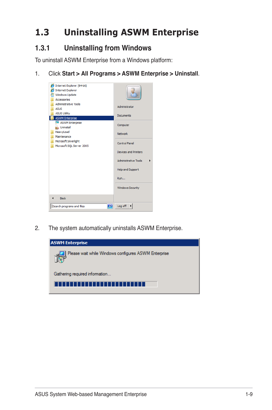 3 uninstalling aswm enterprise, 1 uninstalling from windows, 3 uninstalling aswm enterprise -9 | Uninstalling from windows -9 | Asus TC715 User Manual | Page 16 / 106