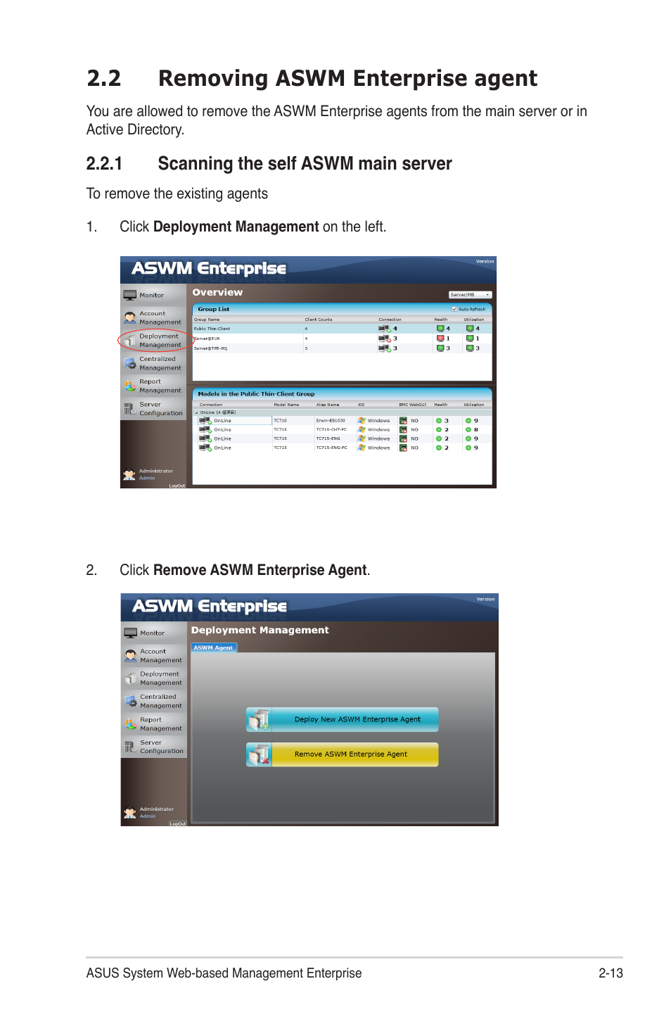 2 removing aswm enterprise agent, 1 scanning the self aswm main server, 2 removing aswm enterprise agent -13 | Scanning the self aswm main server -13 | Asus TC715 User Manual | Page 33 / 106