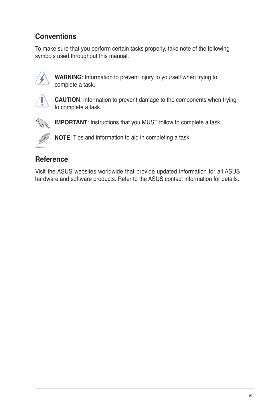 Conventions, Reference | Asus TC715 User Manual | Page 7 / 106