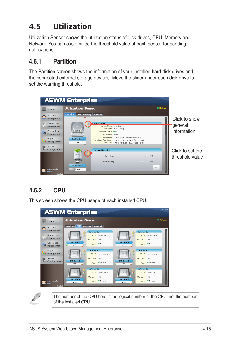5 utilization, 1 partition, 2 cpu | 5 utilization -15, Partition -15, Cpu -15, 1 partition partition | Asus TC715 User Manual | Page 79 / 106