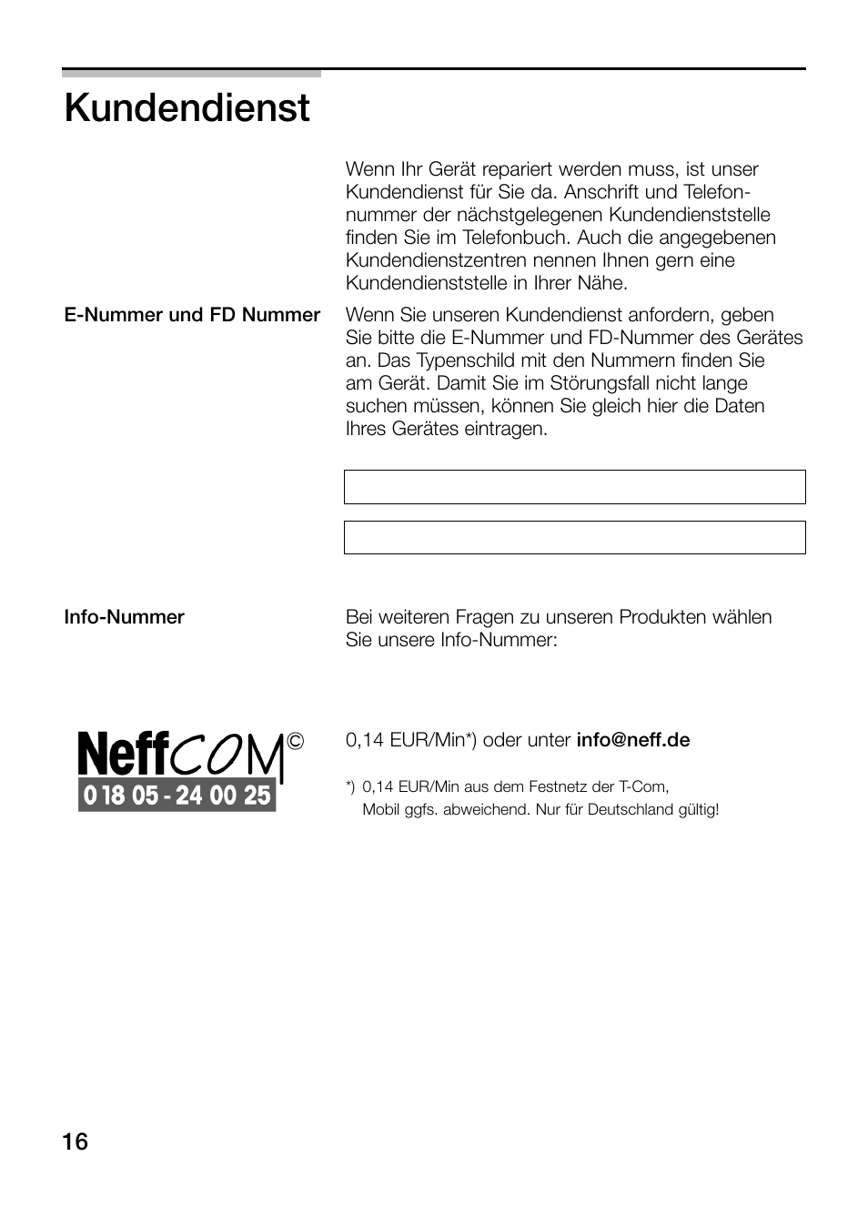 Kundendienst | Neff N54K40N0 User Manual | Page 16 / 64
