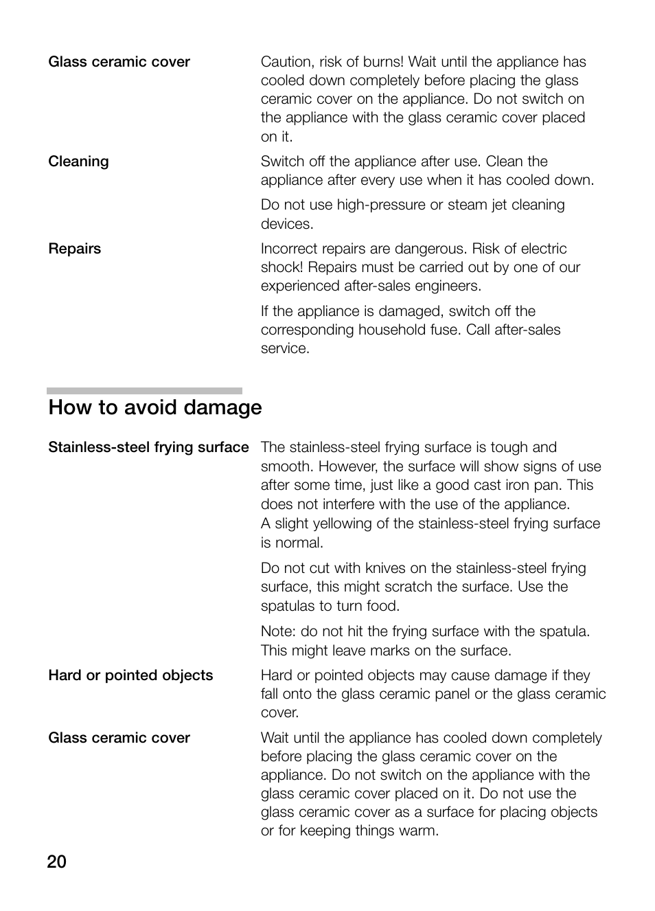 How to avoid damage | Neff N54K40N0 User Manual | Page 20 / 64