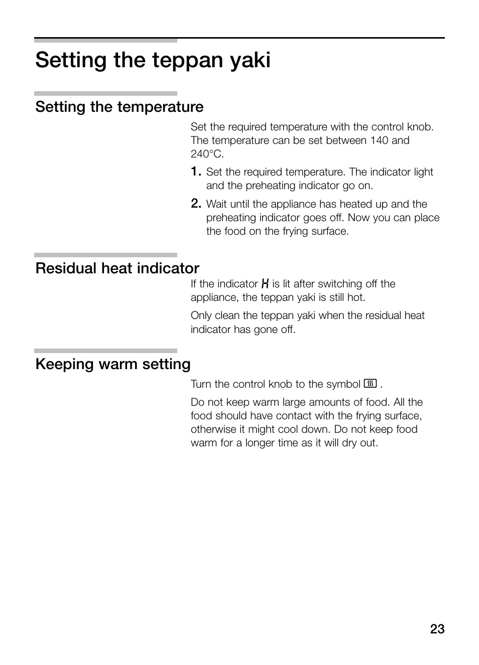 Setting the teppan yaki, Setting the temperature, Residual heat indicator | Keeping warm setting | Neff N54K40N0 User Manual | Page 23 / 64