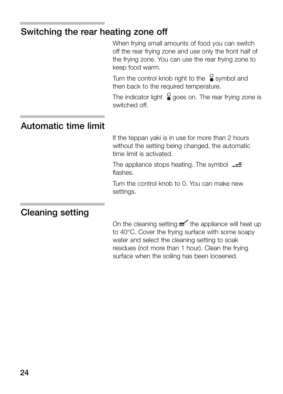 Switching the rear heating zone off, Automatic time limit, Cleaning setting | Neff N54K40N0 User Manual | Page 24 / 64
