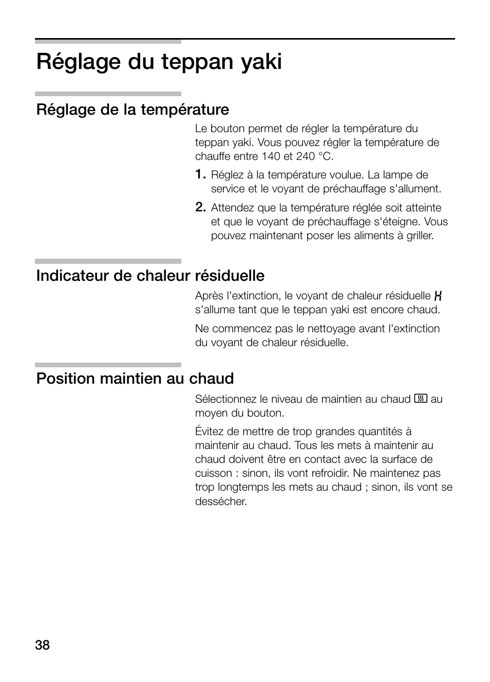 Réglage du teppan yaki, Réglage de la température, Indicateur de chaleur résiduelle | Position maintien au chaud | Neff N54K40N0 User Manual | Page 38 / 64