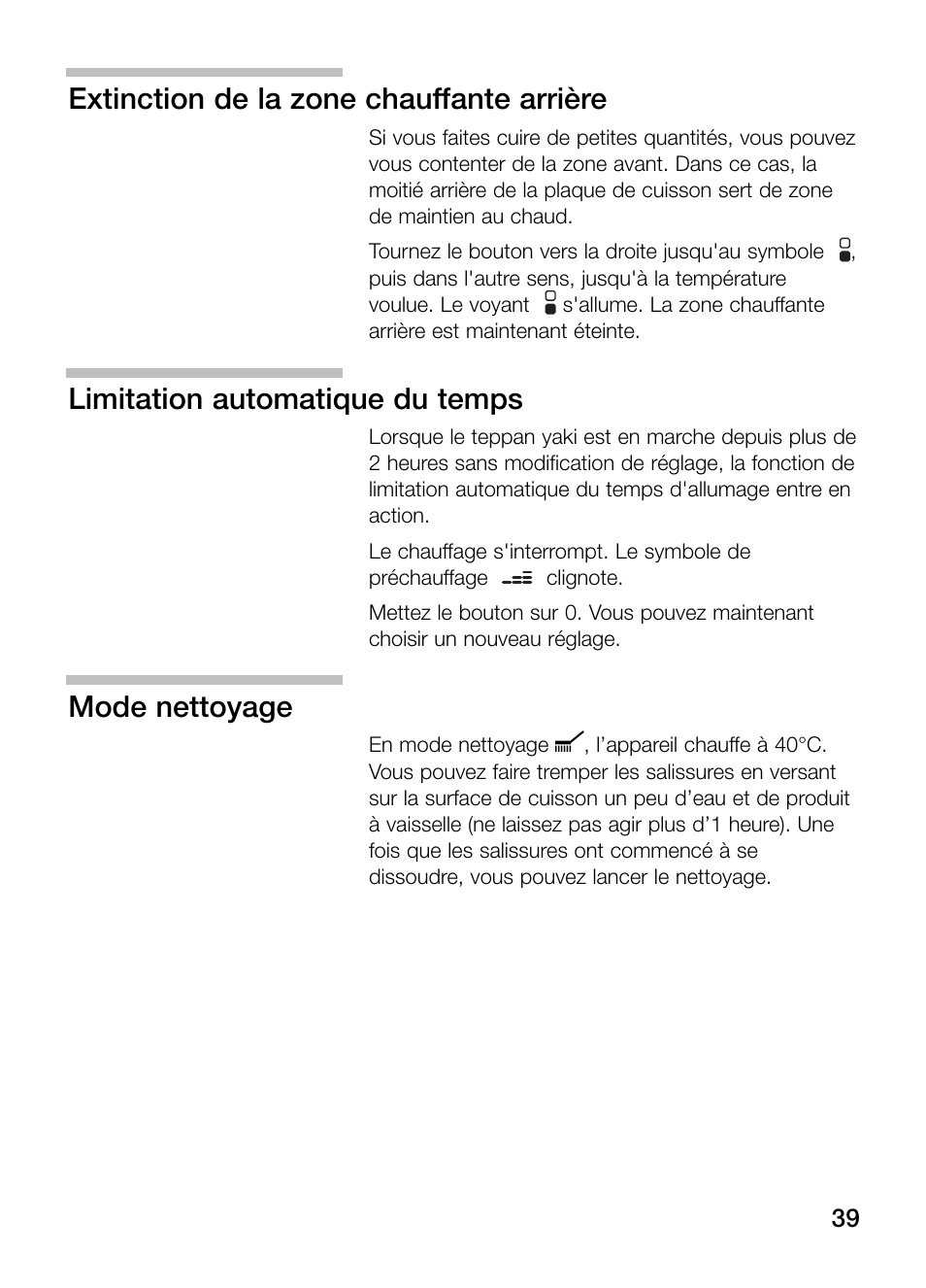 Extinction de la zone chauffante arrière, Limitation automatique du temps, Mode nettoyage | Neff N54K40N0 User Manual | Page 39 / 64