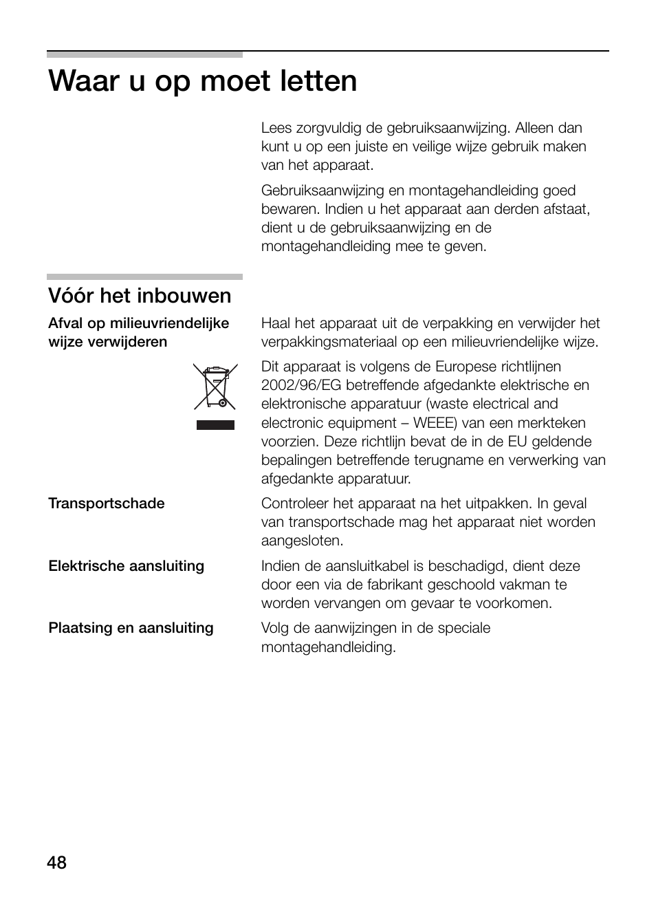 Waar u op moet letten, Vóór het inbouwen | Neff N54K40N0 User Manual | Page 48 / 64