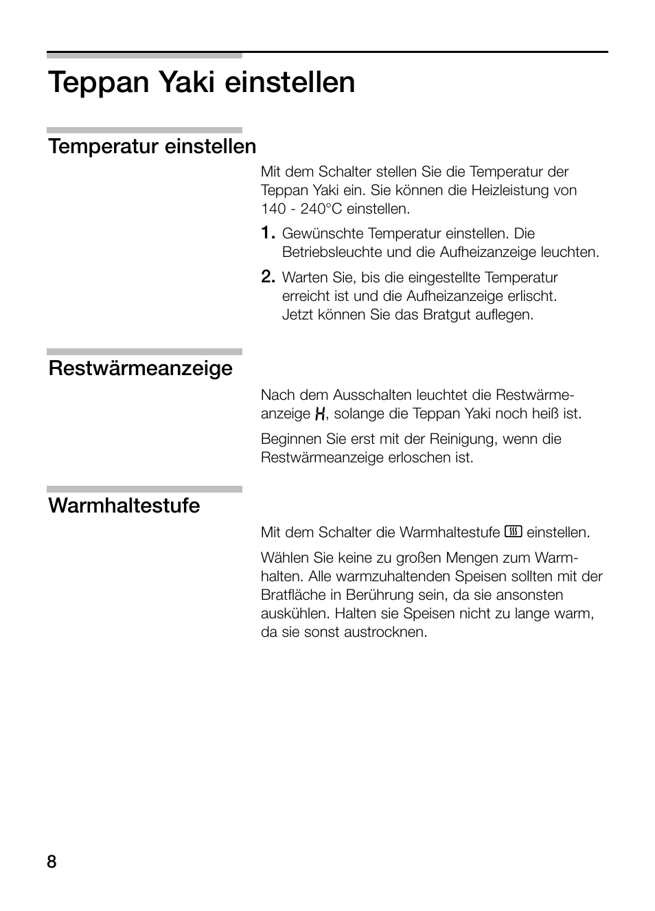 Teppan yaki einstellen, Temperatur einstellen, Restwärmeanzeige | Warmhaltestufe | Neff N54K40N0 User Manual | Page 8 / 64