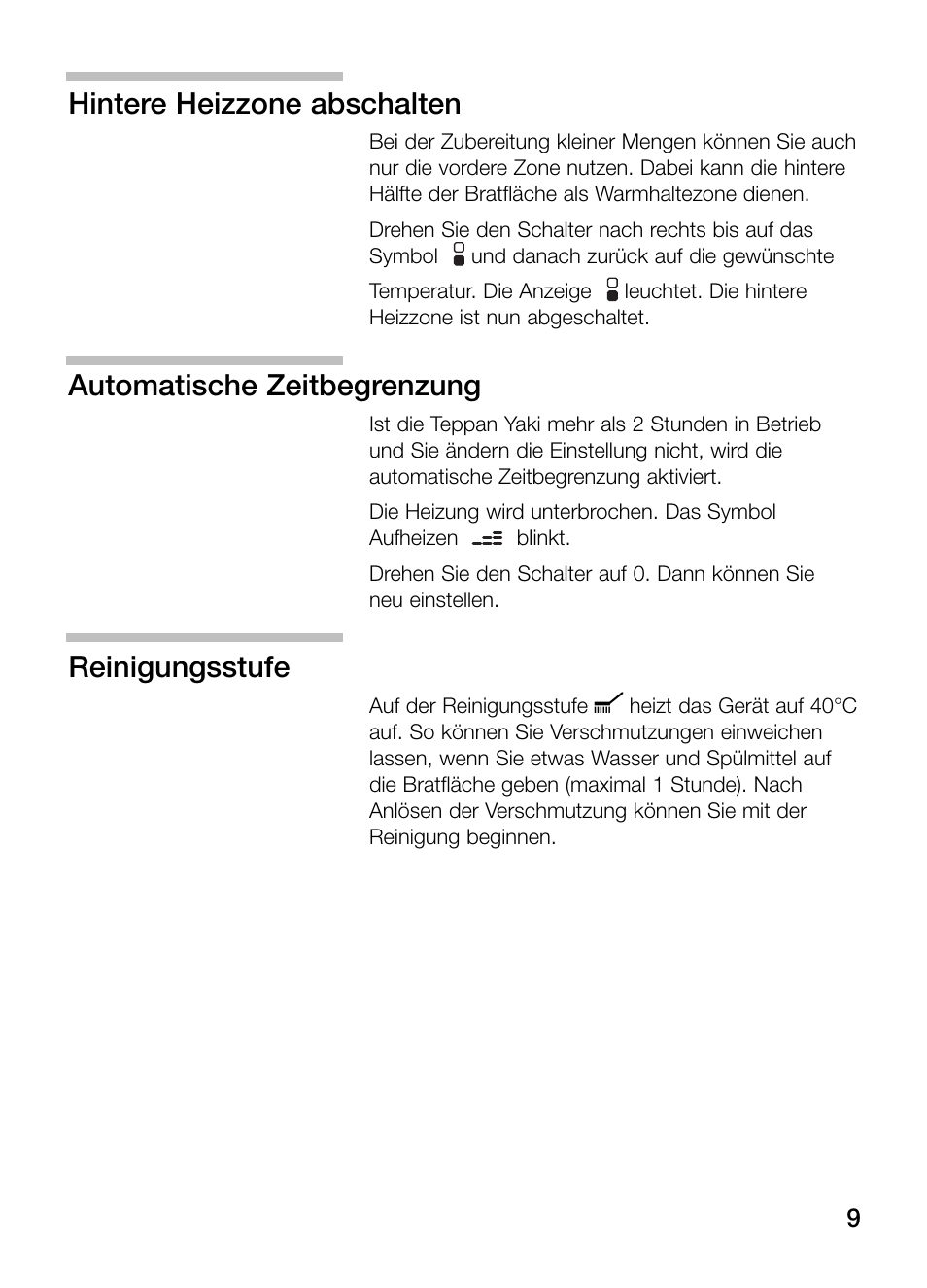 Hintere heizzone abschalten, Automatische zeitbegrenzung, Reinigungsstufe | Neff N54K40N0 User Manual | Page 9 / 64