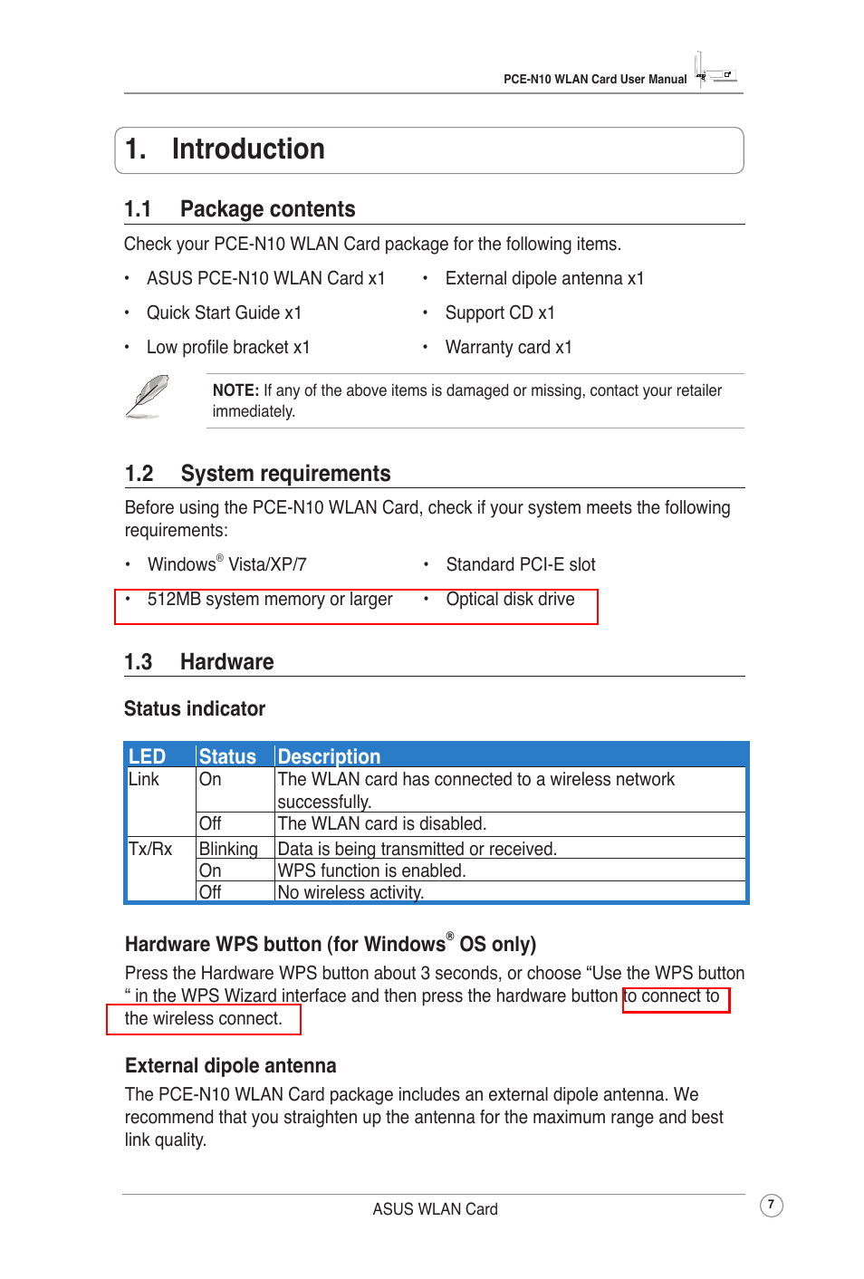 Introduction, 1 package contents, 2 system requirements | 3 hardware | Asus PCE-N10 User Manual | Page 10 / 34
