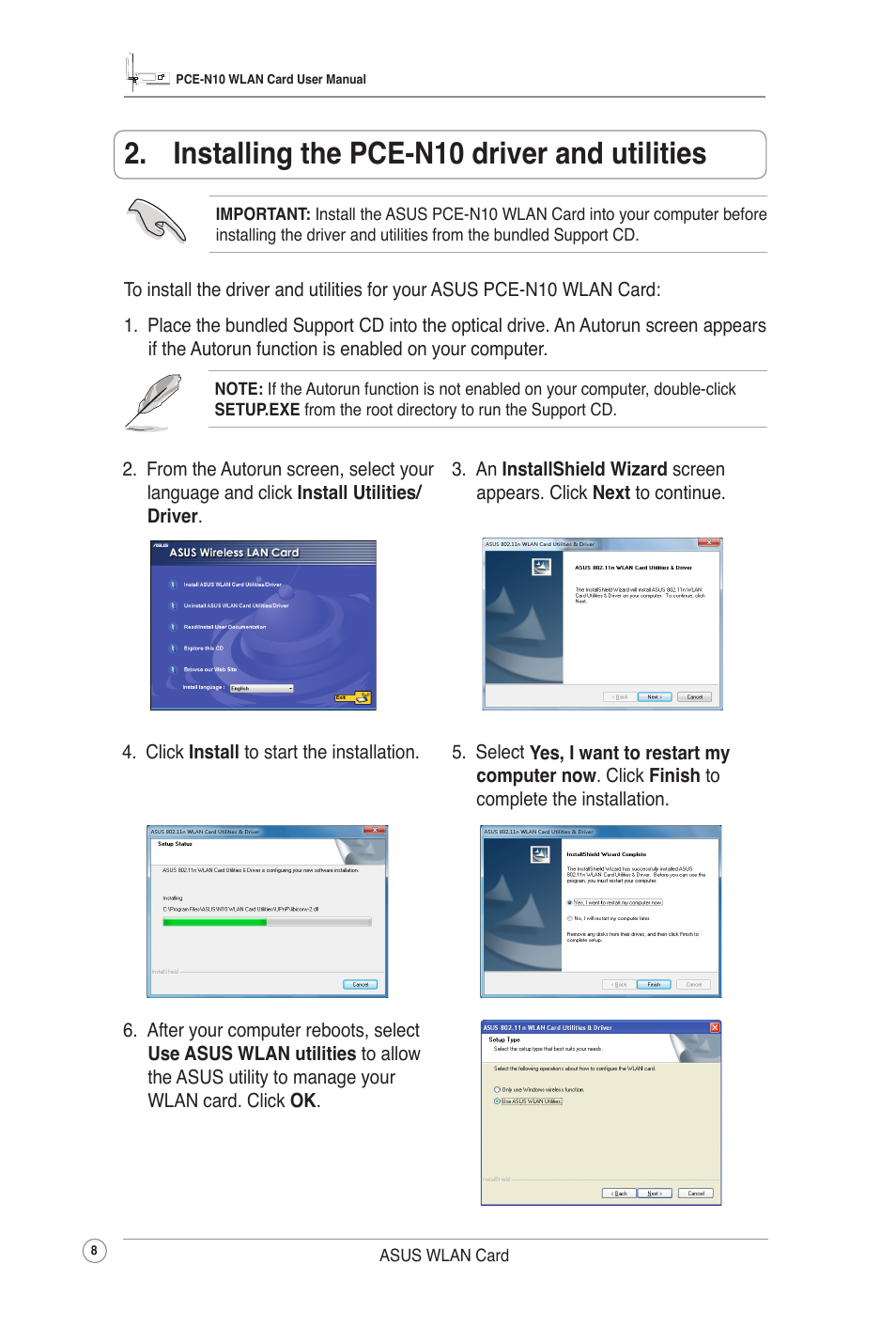 Installing the pce-n10 driver and utilities | Asus PCE-N10 User Manual | Page 11 / 34