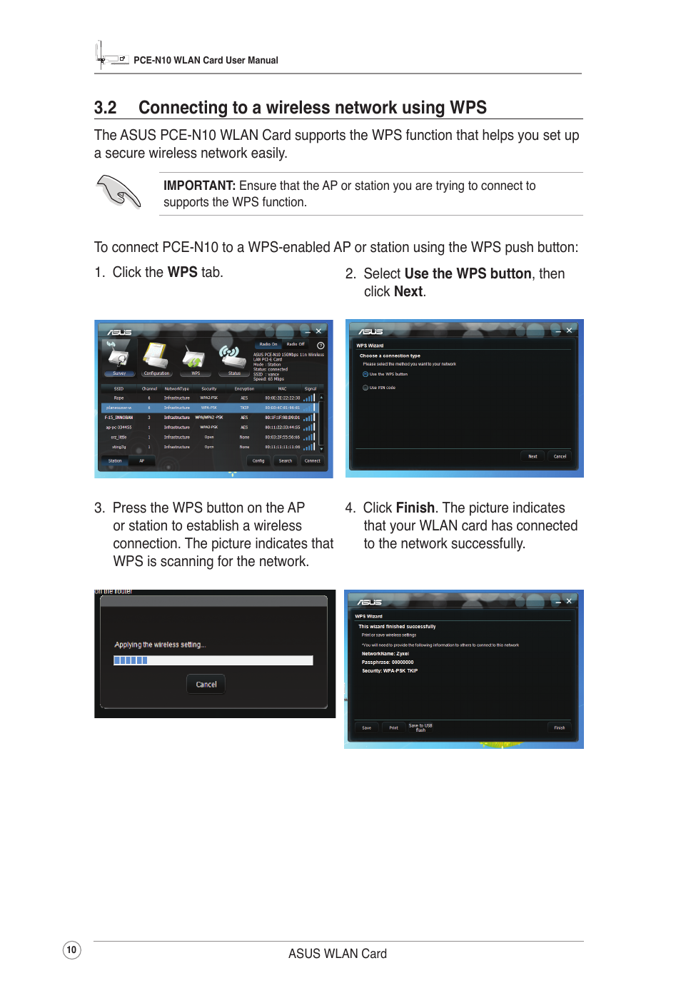 2 connecting to a wireless network using wps | Asus PCE-N10 User Manual | Page 13 / 34