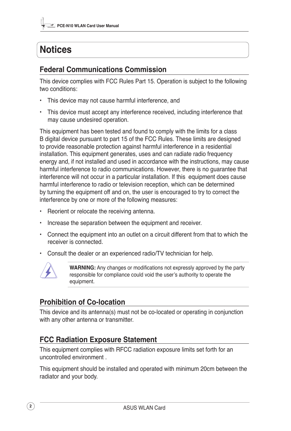 Notices, Federal communications commission, Prohibition of co-location | Fcc radiation exposure statement | Asus PCE-N10 User Manual | Page 5 / 34