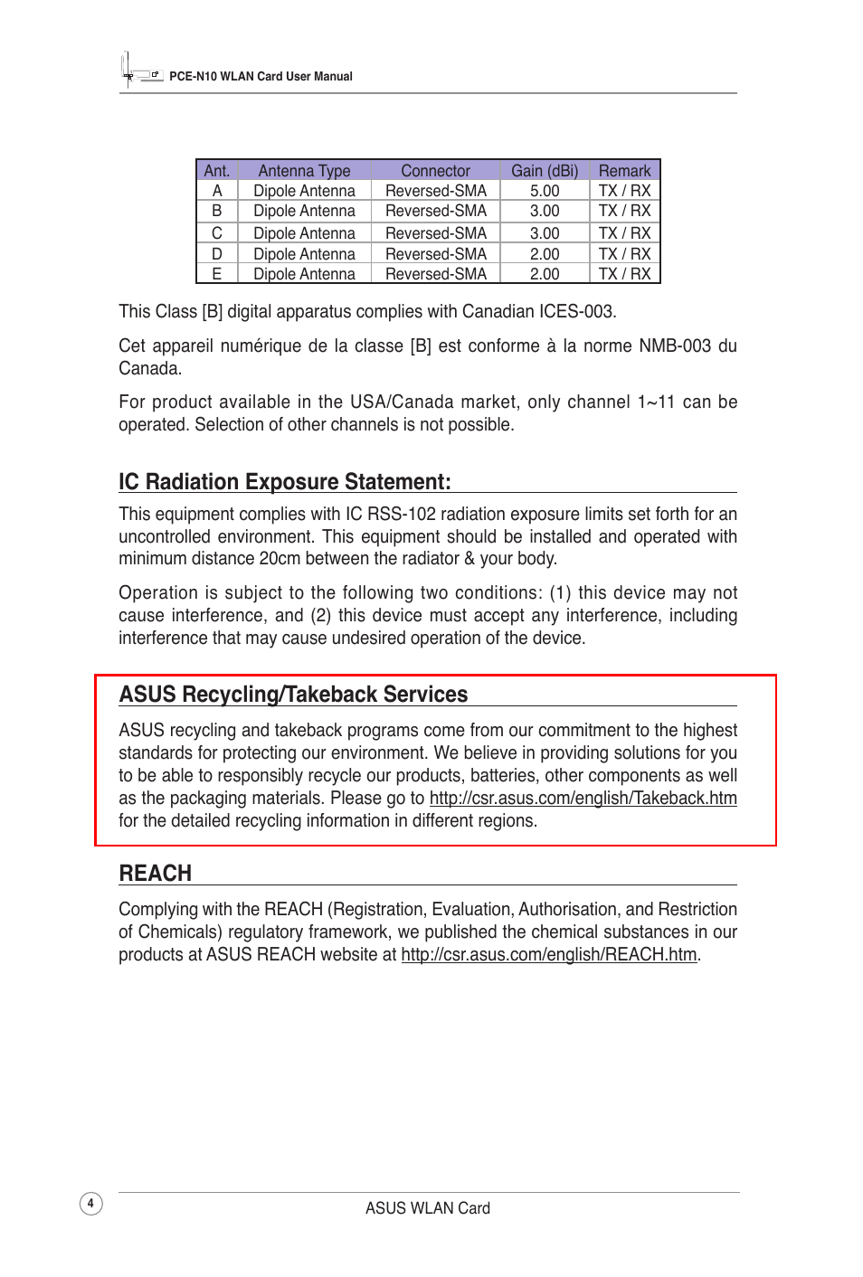 Ic radiation exposure statement, Asus recycling/takeback services, Reach | Asus PCE-N10 User Manual | Page 7 / 34