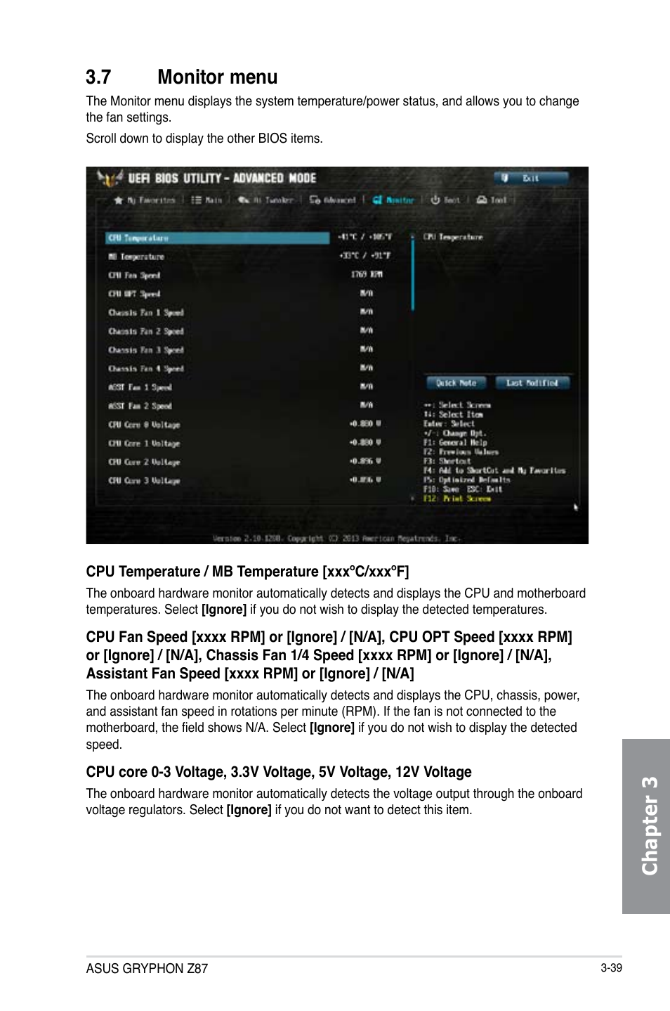 7 monitor menu, Monitor menu -39, Chapter 3 3.7 monitor menu | Asus GRYPHON Z87 User Manual | Page 107 / 168
