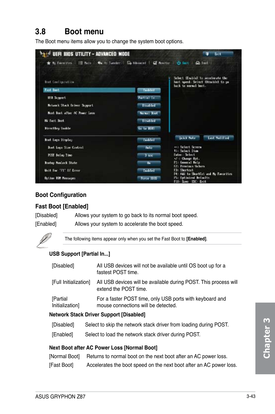 8 boot menu, Boot menu -43, Chapter 3 3.8 boot menu | Asus GRYPHON Z87 User Manual | Page 111 / 168