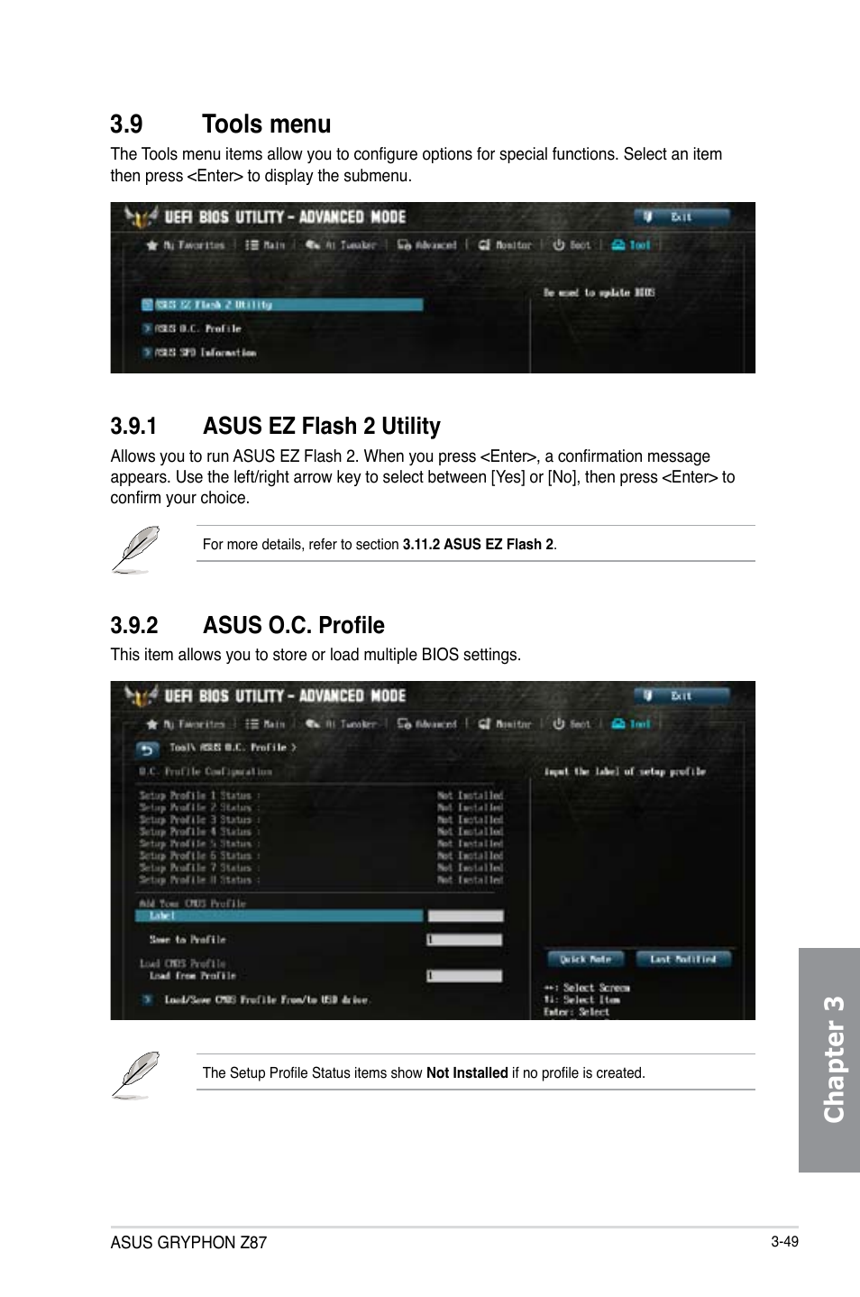 9 tools menu, 1 asus ez flash 2 utility, 2 asus o.c. profile | Tools menu -49 3.9.1, Asus ez flash 2 utility -49, Asus o.c. profile -49, Chapter 3 3.9 tools menu | Asus GRYPHON Z87 User Manual | Page 117 / 168