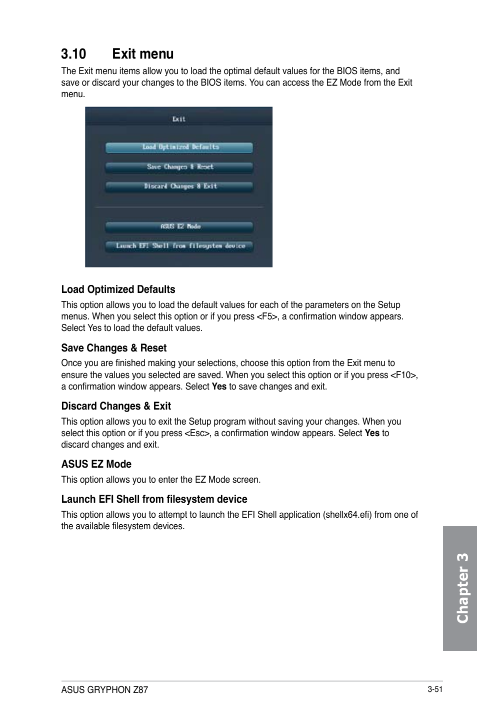 10 exit menu, Exit menu -51, Chapter 3 3.10 exit menu | Asus GRYPHON Z87 User Manual | Page 119 / 168