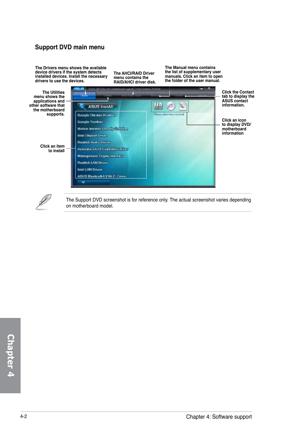 Chapter 4, Support dvd main menu, Chapter 4: software support | Asus GRYPHON Z87 User Manual | Page 128 / 168