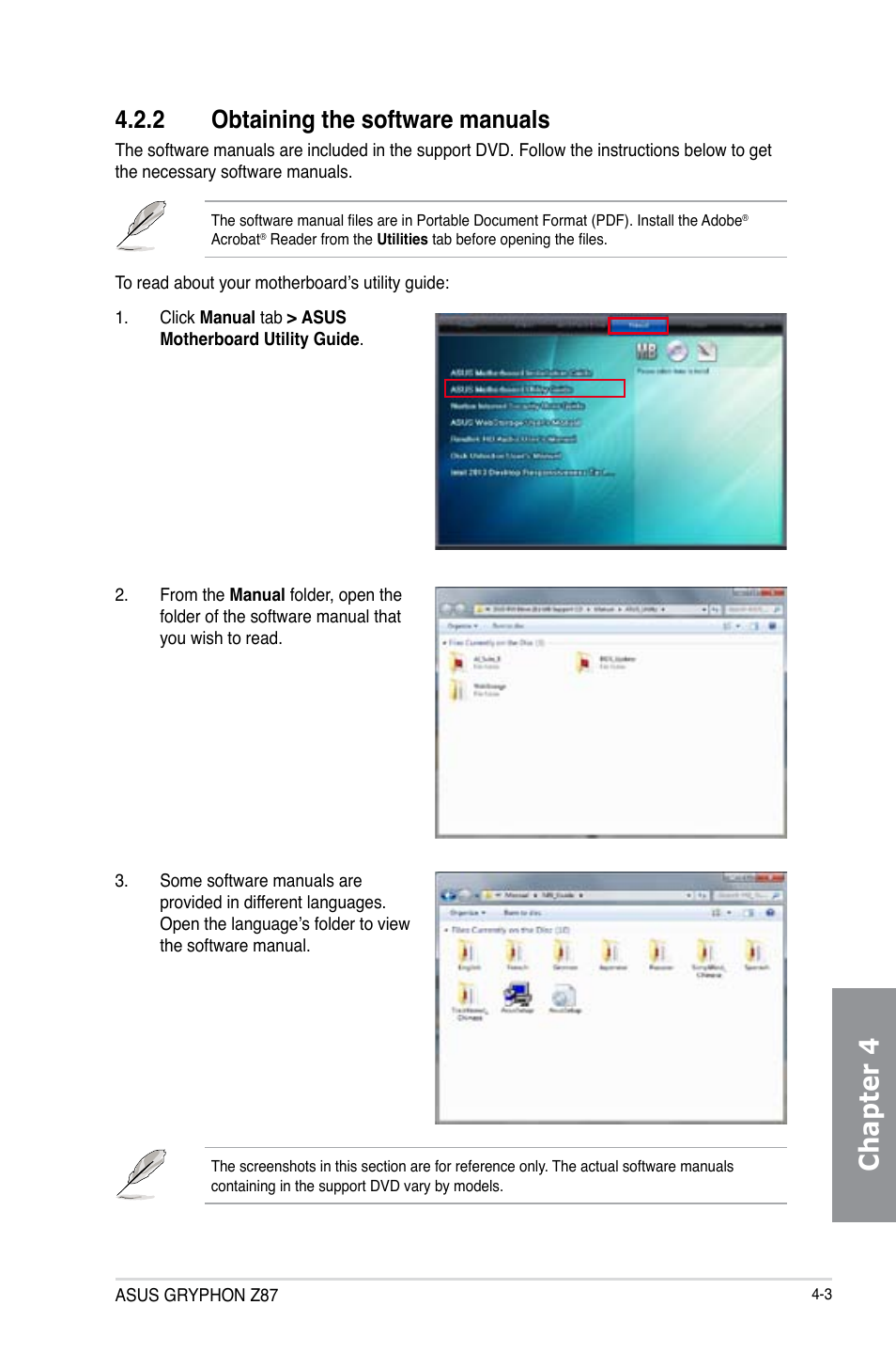 2 obtaining the software manuals, Obtaining the software manuals -3, Chapter 4 | Asus GRYPHON Z87 User Manual | Page 129 / 168