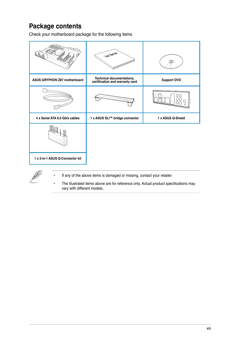 Package contents | Asus GRYPHON Z87 User Manual | Page 13 / 168